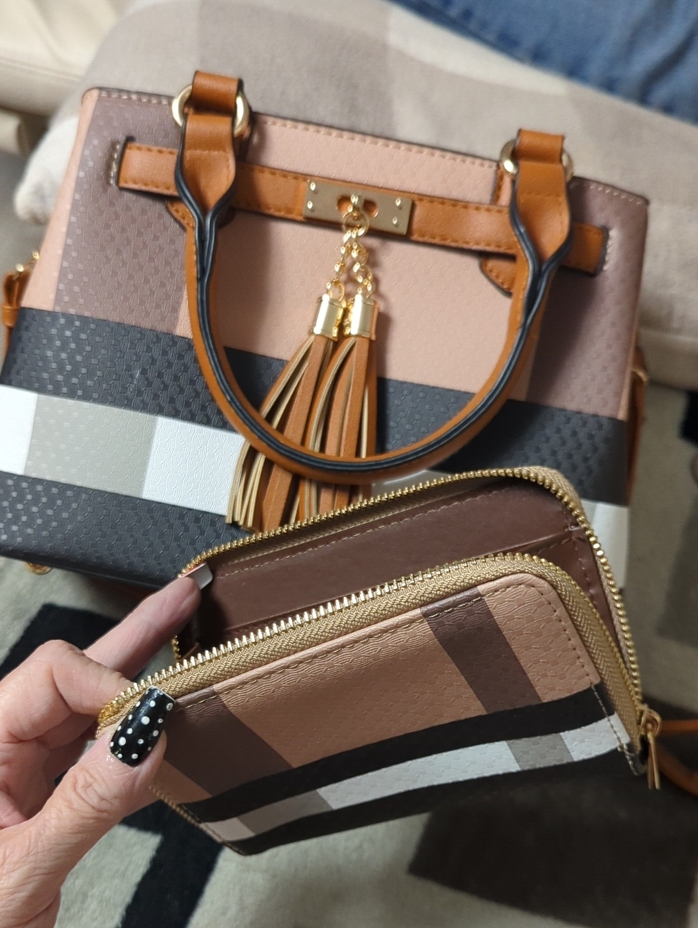 Women’s Multi-Tone Tan & Brown Tote with Tassel Accent